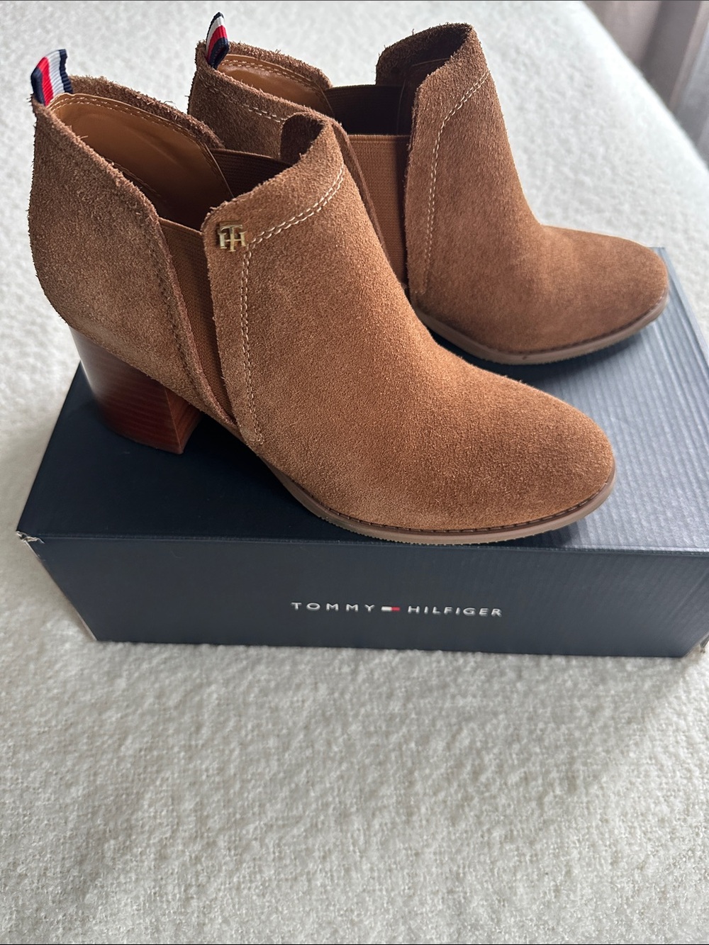 Tommy Hilfiger chestnut Suede Ankle Booties with Stacked Heel